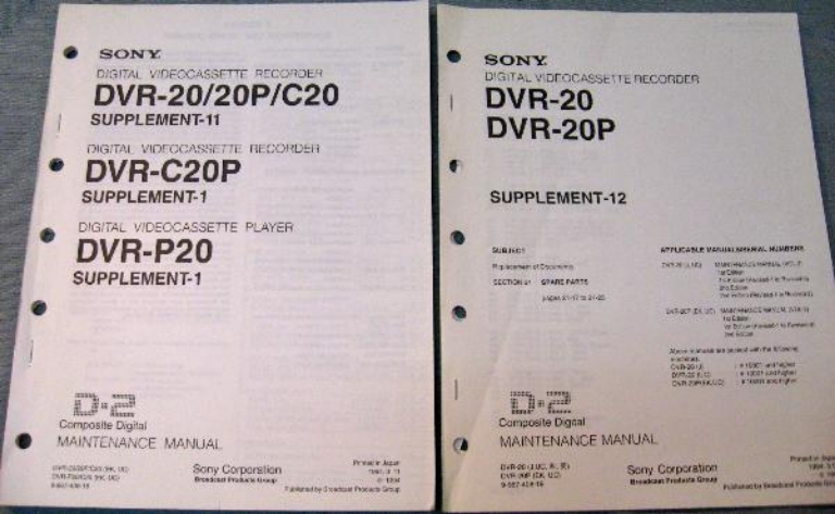 Afbeelding van Sony DVR-20/20P/C20 Supplement-11 and Supplement 12. DVR-C20P Supplement-1, DVR-P20 Supplement-1 Maintenance Manual