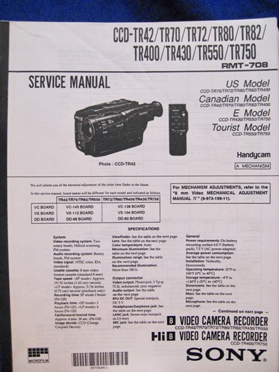 Afbeelding van Sony CCDTR42,TR70,TR72,TR80,TR82,TR400 Service/Repair Manuals