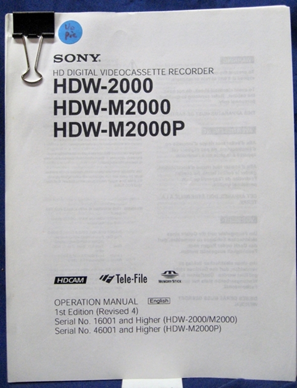 Afbeelding van Sony HDW-2000/M2000/M2000P Operation Manual 1st Edition (Revised 4)