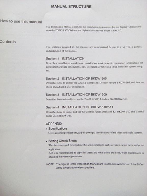 Afbeelding van Sony DVW-A500/500 DVW-A510/510 Installation Manual 1st Edition