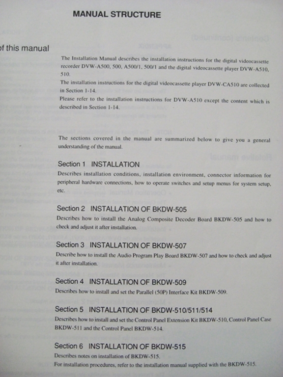 Afbeelding van Sony DVW-A500/500/(A500/1)/(500/1)/A510/510/CA510 Installation Manual 1st Edition (Revised 5)